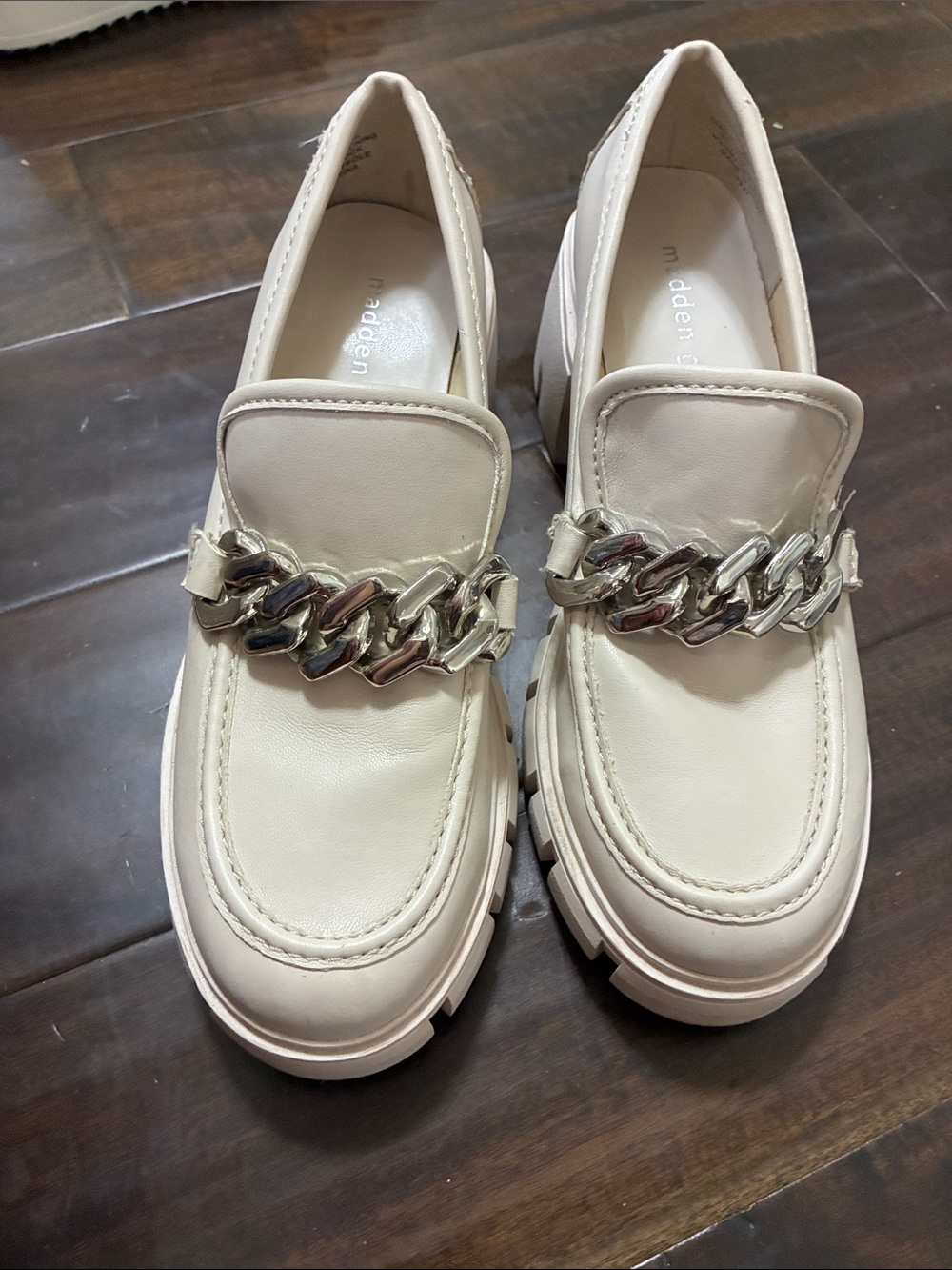 Madden Girl Cream Loafers with Silver Chain Accent